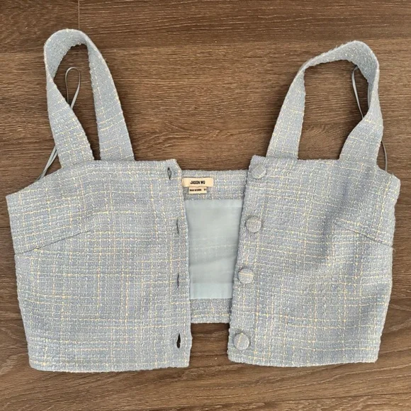 Jason Wu Tweed Top Light Blue Cropped Sleeveless Button Front Size 10 - Picture 8 of 10